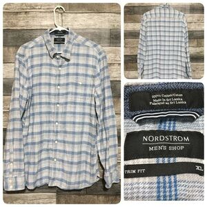 Nordstrom Trim Fit Flannel Shirt Men’s XL Gray Blue Plaid 100% Cotton
